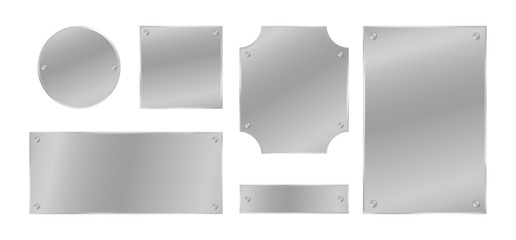 Metal plates with rivets set. Silver colored badges. Vector design elements.
