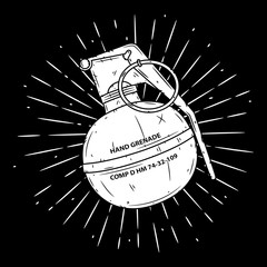 Poster - Grenade. Hand drawn vector illustration with a grenade and divergent rays. Used for poster, banner, web, t-shirt print, bag print, badges, flyer, logo design and more.