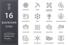 Blockchain Technology Line Icons Set. Black Vector Illustration. Editable Stroke.