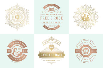 Wedding invitations save the date logos and badges vector elegant elements set