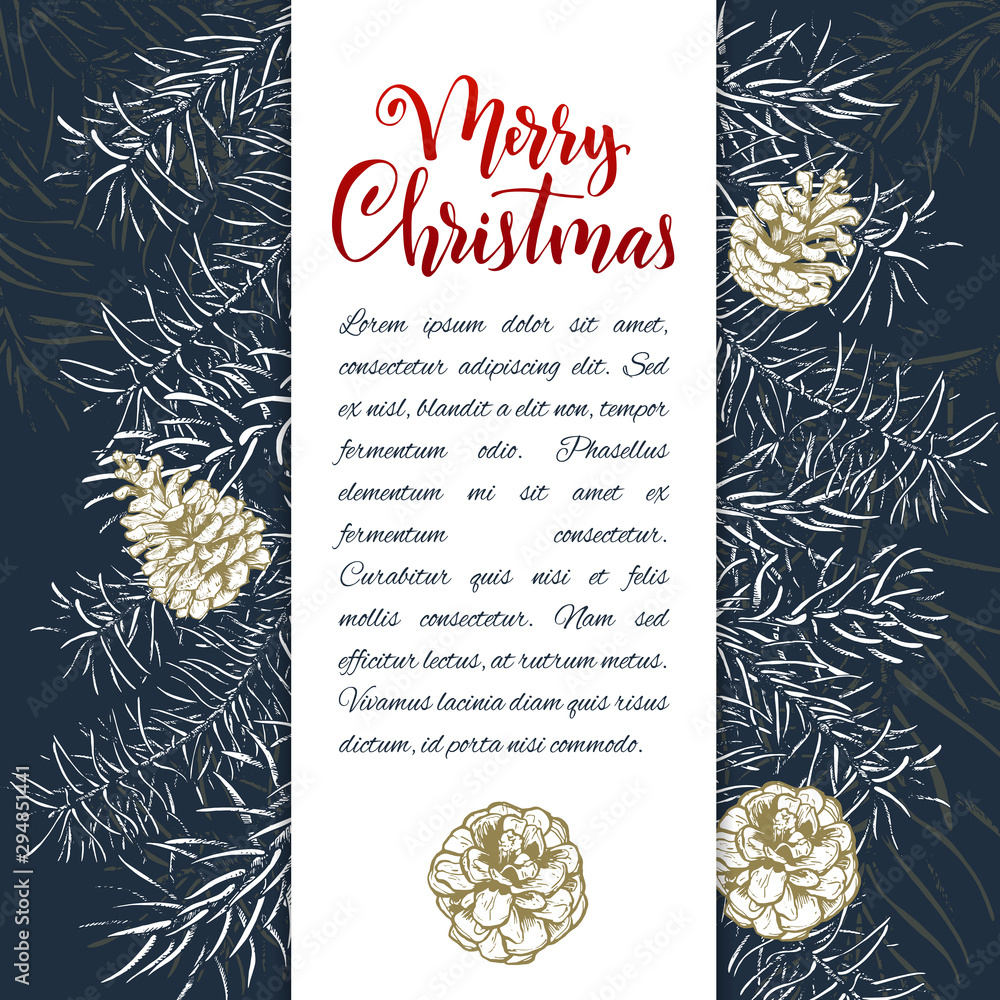 Christmas sketch hand drawn illustration with pine tree branches and ...