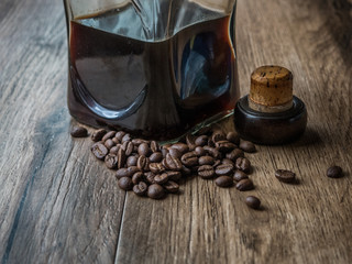 Coffee liqueur - Typical Alcoholic Beverage of Galicia -on wood background