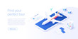 © Graf Vishenka - Travelling by air concept in isometric vector illustration. Around the world flight tour or trip. Cheap airline tickets searching and booking service Website layout or web banner template.