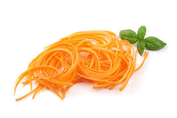 Wall Mural - Grated raw carrots in Korean style, Korean carrots in a white bowl, isolated on white background