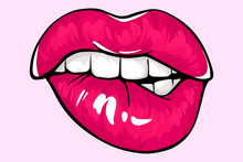 Sexy Lips, Bite One's Lip. Lips Biting. Female Lips With Fuchsia Lipstick.