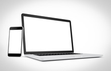 Laptop And Smartphone With Blank Screen Isolated On White Background, 3d Rendering