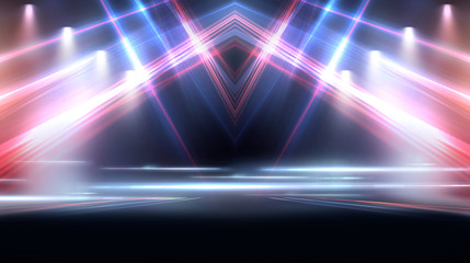 Wall Mural - empty stage background in purple color, spotlights, neon rays. abstract background of neon lines and