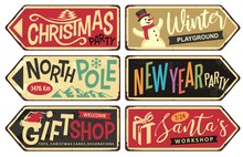 Collection Of Holiday Christmas Sign Posts. Christmas Party,winter Playground, North Pole, New Year Party, Gift Shop And Santa's Workshop. Seasonal Vector Illustrations Set.
