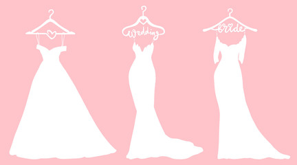 Vector Wedding dresses in Different styles. Beautiful Bride clothing for wedding day on a hanger.