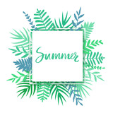 Fototapeta Kwiaty - Vector frame with tropical leaves, flowers and lettering Summer. Colorful botanical illustration with place for your text.