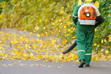 Cleaning Falling Leaves On A City Street In The Autumn Dry Time. Using Leaf Blower For Cleaning Of The Road In The Park. Seasonal Occupation Concept.