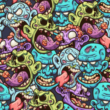Cartoon Zombie Head Seamless Pattern. Vector Illustration With Simple Gradients. All In A Single Layer. 