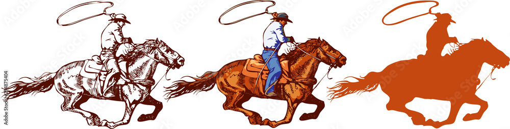 vector image of a cowboy in a hat on a horse with a lasso and a foal in the style of art graphics - obrazy, fototapety, plakaty 