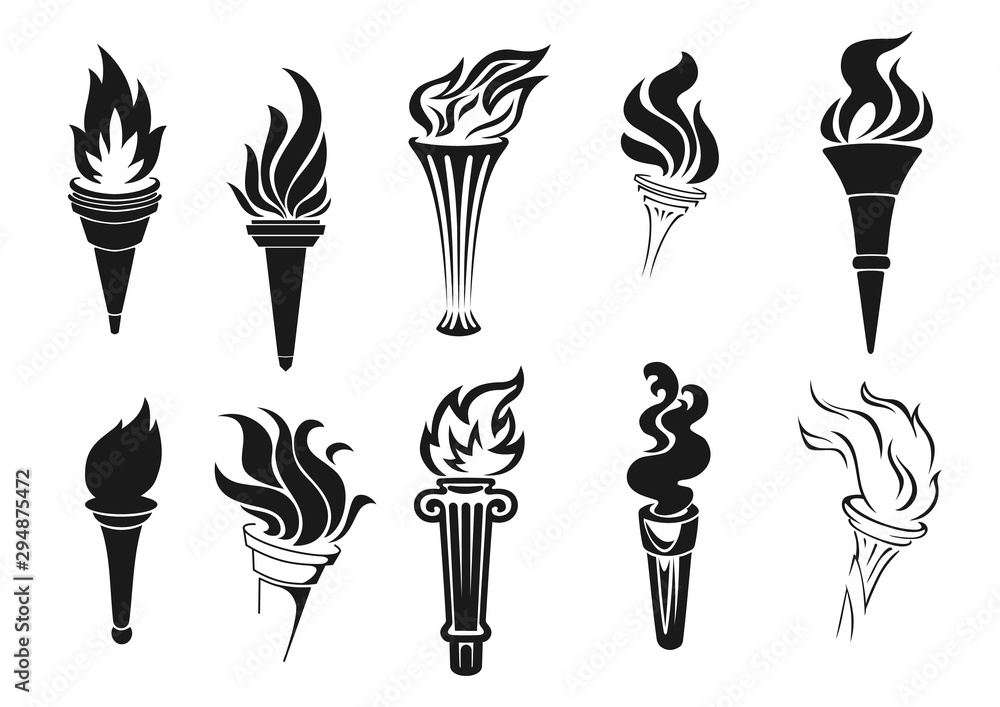Burning torches with fire, icons - obrazy, fototapety, plakaty 