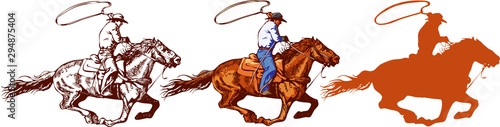 Fotografía vector image of a cowboy in a hat on a horse with a lasso and a foal in the styl