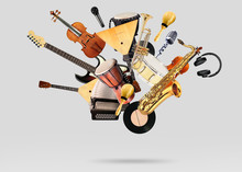A Variety Of Musical Instruments In Beautiful Flight