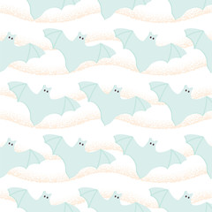  Halloween Seamless Pattern of Flying Bats icons. Cute Nursery room wallpaper, frame, card, banner. Pastel colors scared Cartoon character isolated on white. Printable flat style