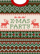 Ugly Sweater Christmas Party Invite. Knitted Background Pattern Scandinavian Ornaments.