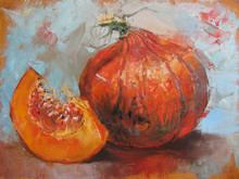 Impressionist Still Life With Pumpkin And Slice, Original Artwork, Painting Oil On Canvas