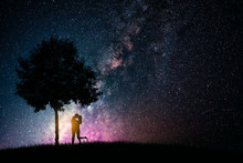 Couple Love Hug And Kiss On Night Starry Sky. Valentine's Day And Romantic Design Concept.