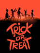 A group of children trick or treating on halloween with a trick or treat sign. Vector illustration.