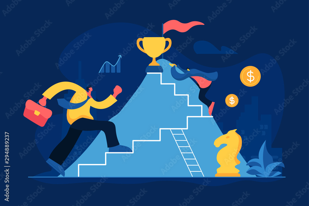 Business competition flat vector illustration. Career ladder, job promotion, corporate competition, success achievement concept. Office workers, businessmen climbing mountain cartoon characters - obrazy, fototapety, plakaty 