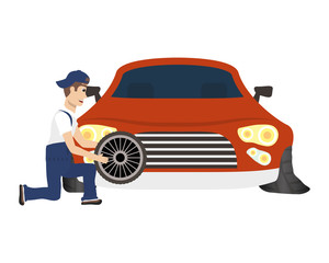 Canvas Print - young mechanic changing tire character