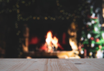 wooden table with blurred christmas background