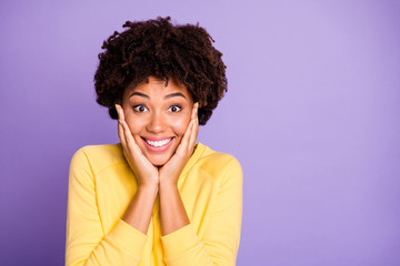 Poster - Close-up portrait of her she nice attractive charming lovely delighted cheerful cheery glad wavy-haired girl anticipating good news isolated over violet purple lilac pastel color background