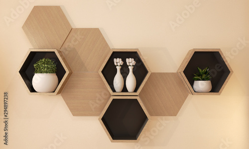 Fotografía Hexagon wooden shelf japanese design on wall.3D rendering