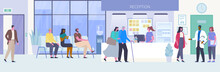 People In Hospital Hall Flat Vector Illustration