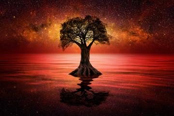 Wall Mural - starry night over the lake with tree