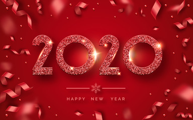 Wall Mural - Happy New Year 2020. Background with shining numerals and ribbons. New year and Christmas card illustration on red background. Holiday illustration of red textured numbers 2020