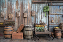 Old, Vintage Grocery Store And Marketplace With Old, Rugged Baskets And Barrels.