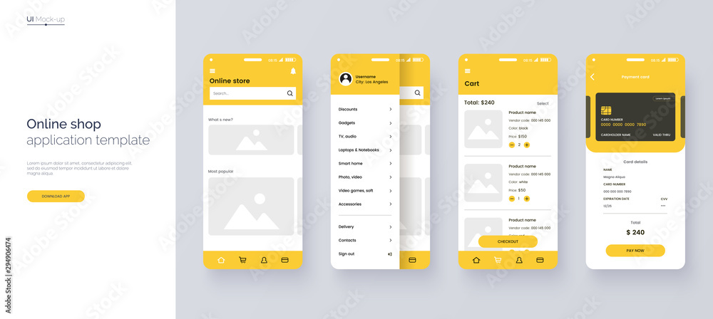 Online store mobile app template. UI, UX, GUI design elements. Shopping application wireframe. User Interface kit isolated on grey background. Online shop website concept. Vector eps 10. - obrazy, fototapety, plakaty 