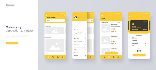online store mobile app template. ui, ux, gui design elements. shopping application wireframe. user 