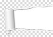 © PF-Images - Torn elongated hole from right to left side in transparent sheet of paper with wrapped paper tear and white background. Vector template design. Paper mockup.