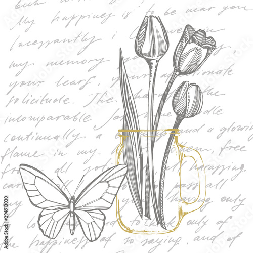 Tulip flower graphic sketch illustration. Botanical plant illustration. Vinta...