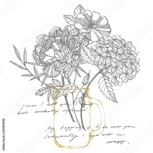 Bouquet. Spring Flowers and twigs. Peonies, Hydrangea, Rose. Vintage botanica...
