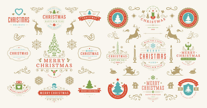 Christmas and happy new year wishes labels and badges set vector illustration