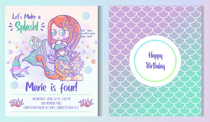 Kids birthday party front and back invitation card with cute little mermaid and marine life