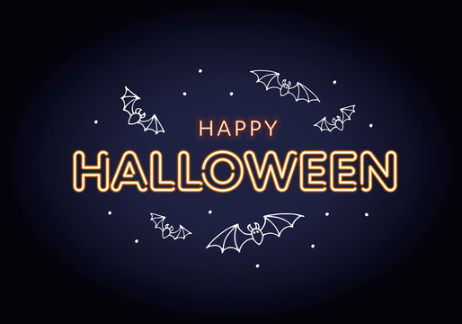 Vector neon happy halloween horizontal banner template. Glowing light bulb orange text and white cartoon scary flying bat on black background. Desing for poster, invitation, greeting card.