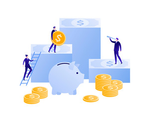 Vector flat bank business illustration. Team of businessman on money stack with coin isolated on white. Concept of save, banking, deposite, pension. Design element for banner, poster, infographic