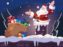 Christmas Card Of Santa Claus Entering The Chimney