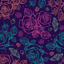 Vector Purple Roses And Berries Seamless Pattern. Perfect For Fabric, Scrapbooking And Wallpaper Projects.
