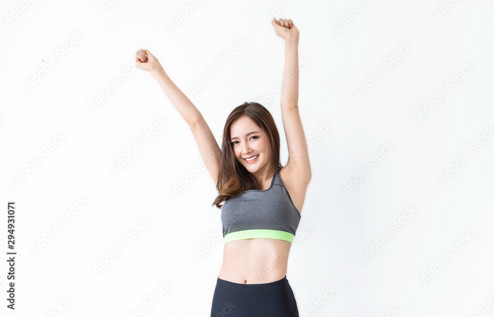 Portrait of beautiful healthy asian woman with sport wear on white background. People beauty perfect body slim fit fitness sexy happy girl relaxing with copyspace. Freedom lifestyle healthcare concept - obrazy, fototapety, plakaty 