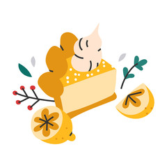 Simple hand drawn illustration of lemon tart cake with lemons and cream on top, autumn seasonal homemade food. Vector doodle icon in modern trendy flat cartoon style.