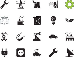  factory vector icon set such as: illumination, round, lines, horseshoe, iron, antenna, teamwork, automobile, leaves, traffic, signal, spa, interface, european, data, automated, rig, volt, leaf