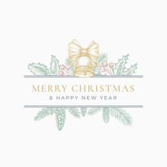 Wall Mural - Merry Christmas Greeting Card or Label. Frame Banner with Vintage Typography and Hand Drawn Holiday Illustrations. Bell, Ribbon, Holly, Fir-needle and Strobile Branches. Pastel Colors Layout.