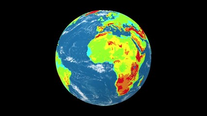 Wall Mural - Rotating Earth planet isolated on black background. Topographic relief, elevation mountain map. Seamless looping animation.
